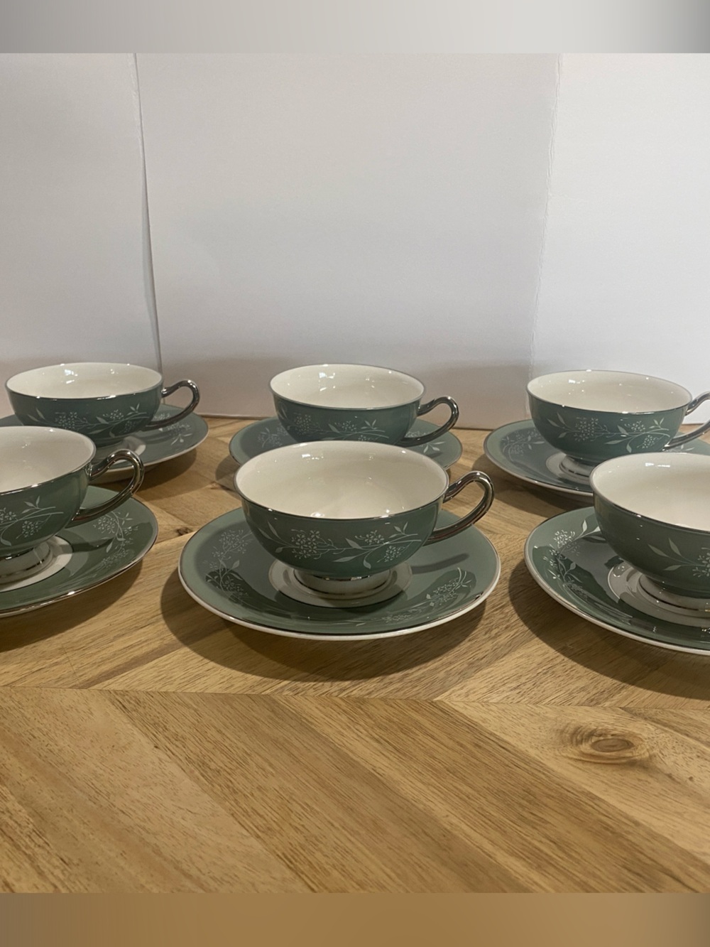 Green Floral Porcelain Teacup and Saucer Set - 6 Pc